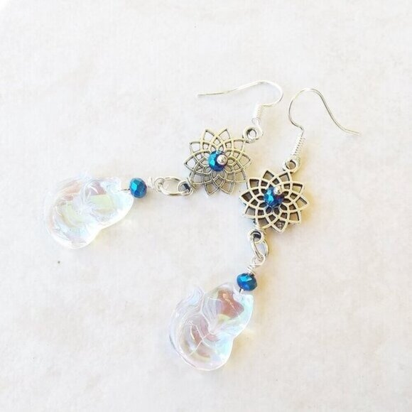 Iridescent + Glam! Fox Cub Pup Kitten Furbaby - Sparkling Dangle Earrings  2.5" - Picture 2 of 7